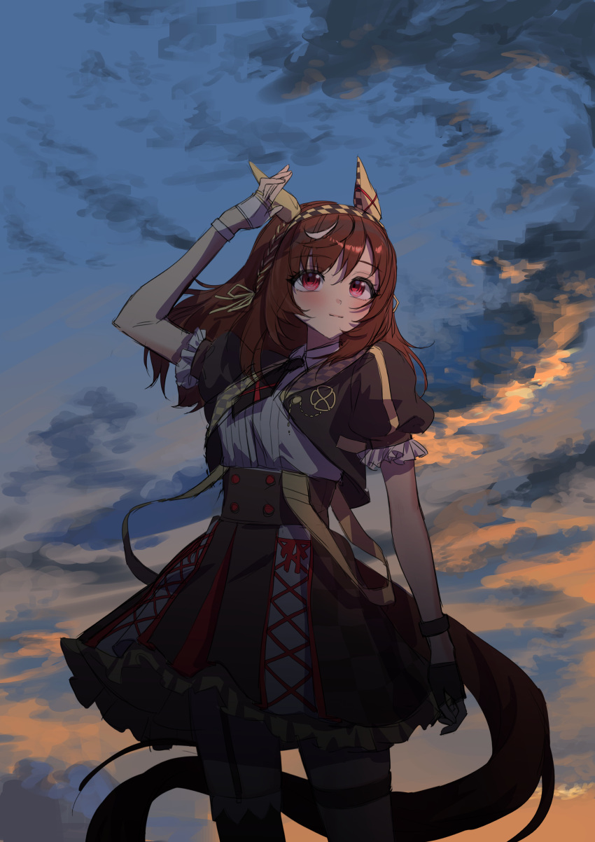 1girl, absurdres, animal_ears, arm_up, braid, breasts, brown_hair, buena_vista_(umamusume)