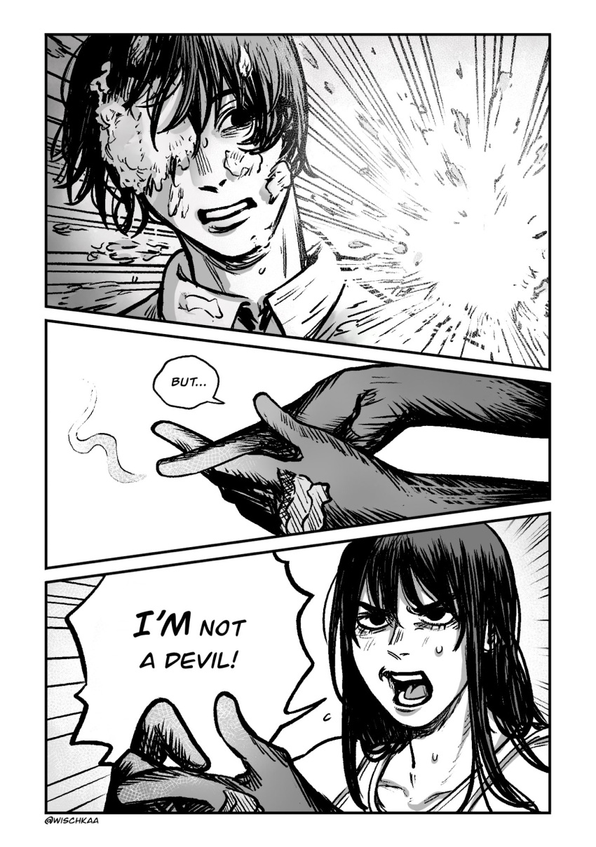 1boy, 1girl, chainsaw_man, collared_shirt, english_text, food, food_on_face, gloves, greyscale, highres, long_hair, mitaka_asa, monochrome, open_mouth, shirt, short_hair, speech_bubble, sweat, tank_top, wischkaa, yoshida_hirofumi