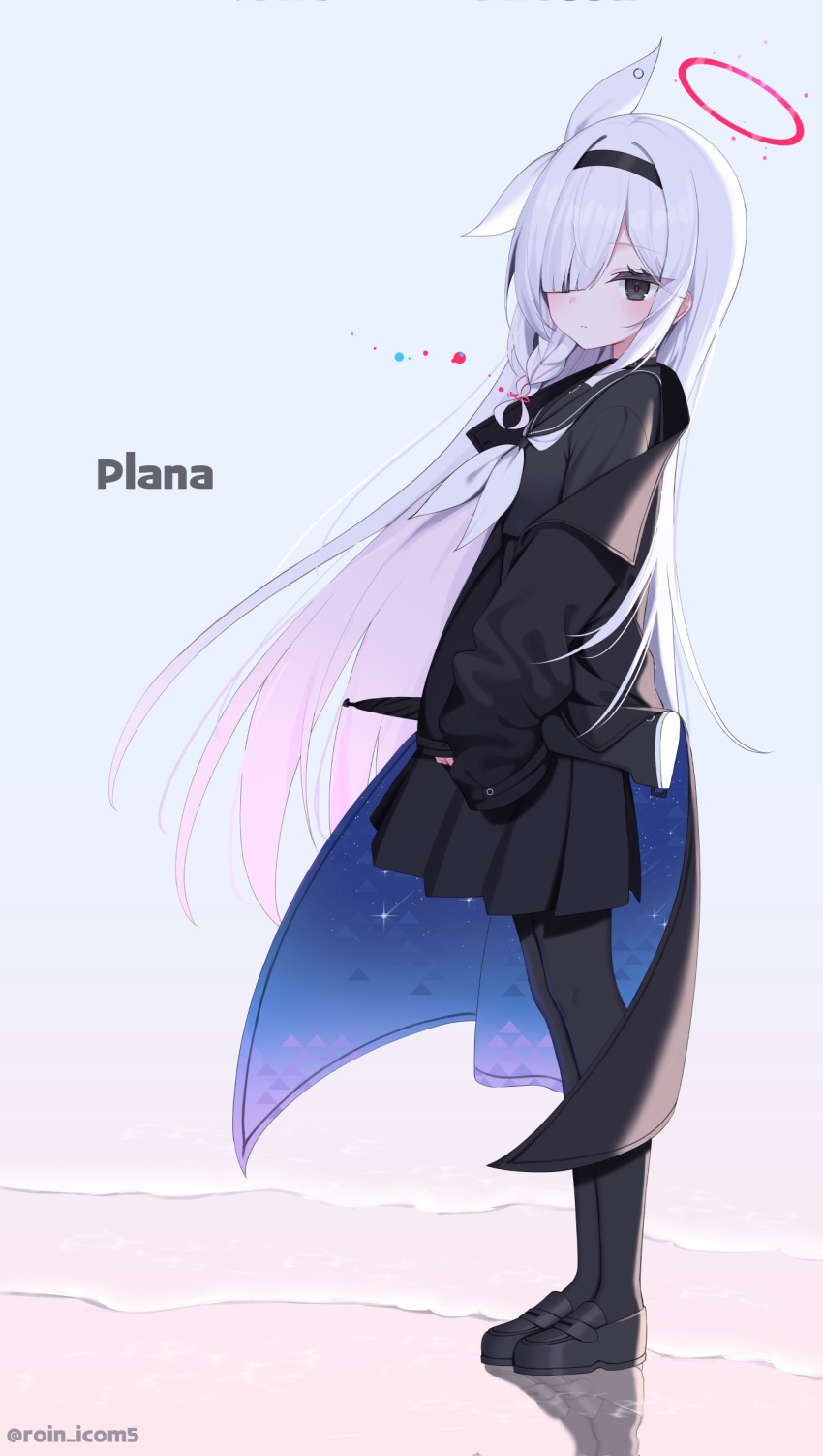 1girl, absurdres, black_footwear, black_hairband, black_jacket, black_pantyhose, black_sailor_collar, black_serafuku