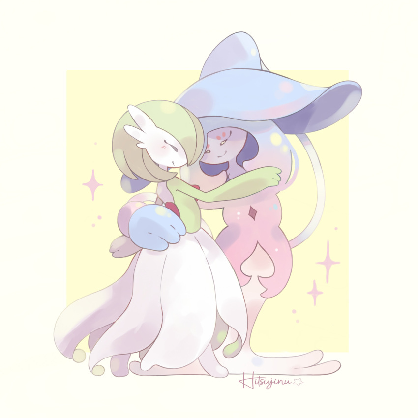 absurdres, bob_cut, closed_eyes, dress, gardevoir, green_hair, hat, hatterene, highres, hitsujinu, multicolored_hair, pokemon, pokemon_(creature), prehensile_hair, signature, smile, sparkle, white_dress, witch_hat, yellow_background
