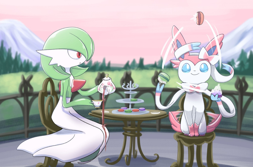 blue_eyes, bob_cut, chair, colored_skin, cup, dress, gardevoir, green_hair