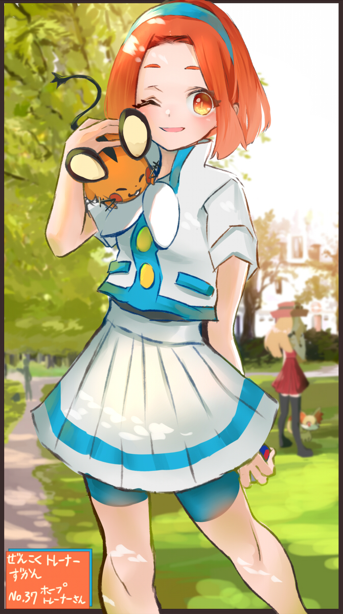 2girls, ;d, arm_behind_back, blue_hairband, blurry, blurry_background, dedenne, e-co