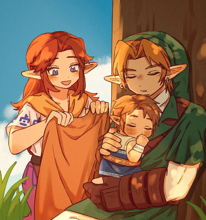 1girl, 2boys, :d, baby, blue_eyes, brown_gloves, brown_hair, closed_eyes, commentary, dot_nose, english_commentary, gloves, green_hat, hat, if_they_mated, link, long_hair, malon, multiple_boys, on_grass, open_mouth, pointy_ears, sitting, smile, standing, teateeeea, the_legend_of_zelda, the_legend_of_zelda:_ocarina_of_time, tree