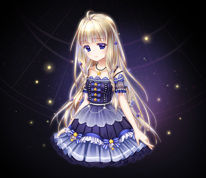 1girl, ahoge, bare_arms, bead_necklace, beads, black_background, blonde_hair, blue_eyes