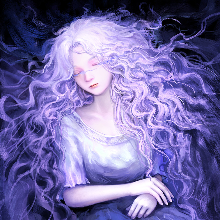 1girl, closed_eyes, commentary, dark_background, elden_ring, elden_ring:_shadow_of_the_erdtree, english_commentary, kem2064, long_hair, pale_skin, purple_hair, short_sleeves, sleeping, solo, st._trina_(elden_ring), tunic, very_long_hair, wavy_hair, white_tunic