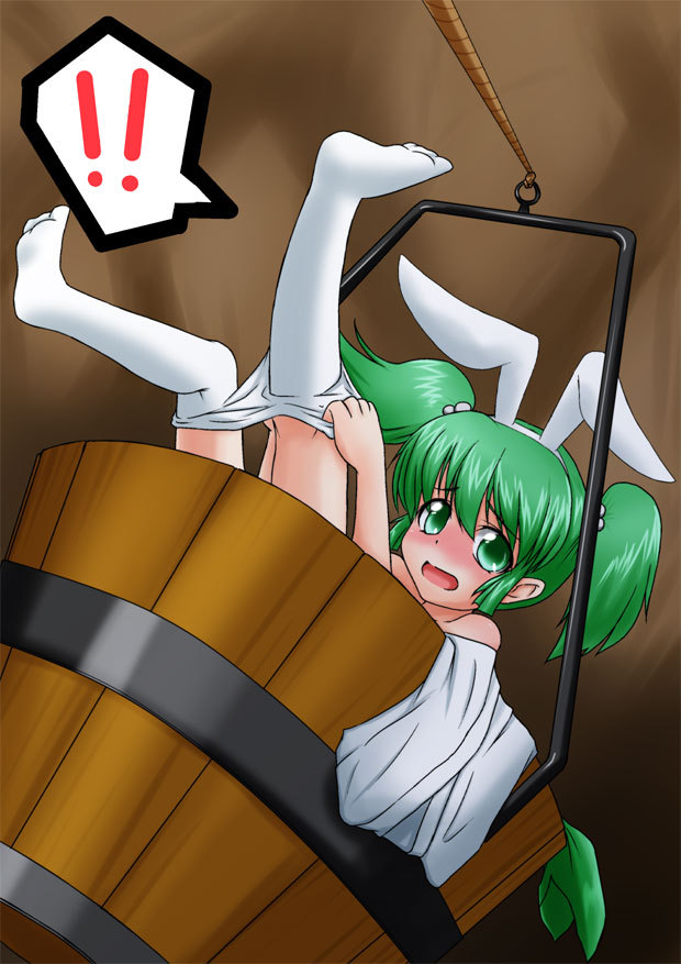 animal_ears, ashcape, bucket, bunny_ears, dressing, girl_in_bucket, green_eyes, green_hair
