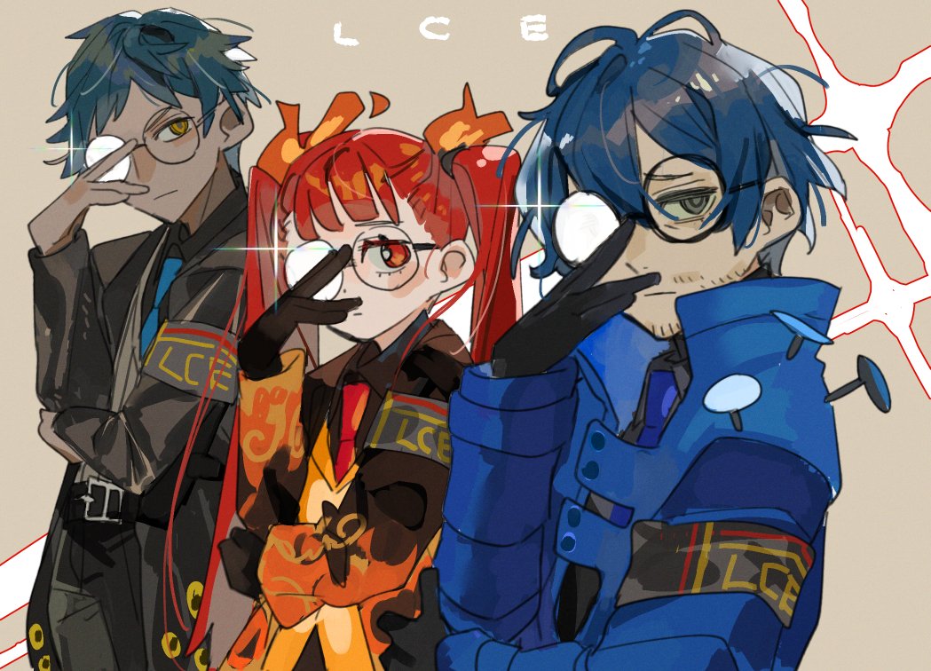 1girl, 2boys, adjusting_eyewear, aedd_(e.g.o), alyssa_(limbus_company), ardor_blossom_star_(e.g.o), armband, beard_stubble