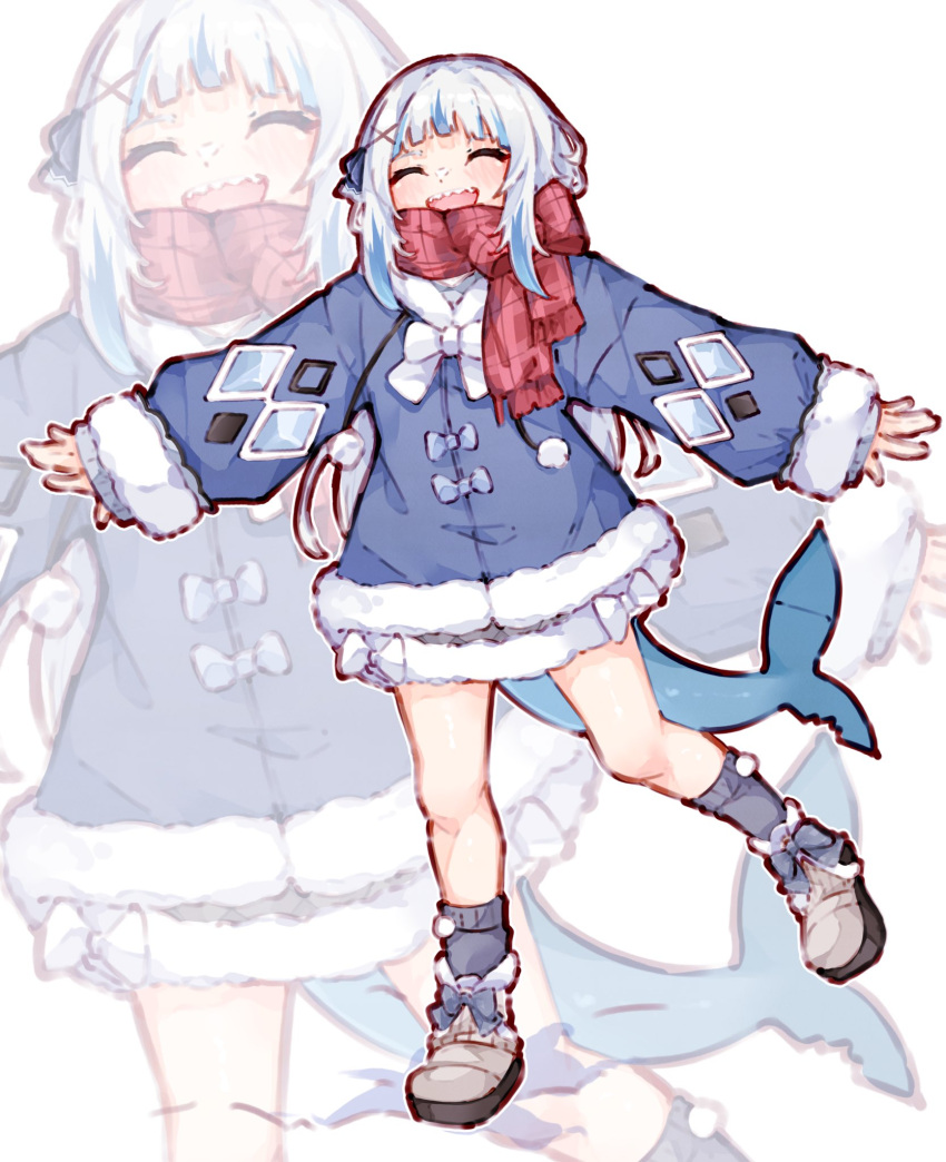1girl, ^_^, blue_hair, blush, boots, closed_eyes, fins, fish_tail