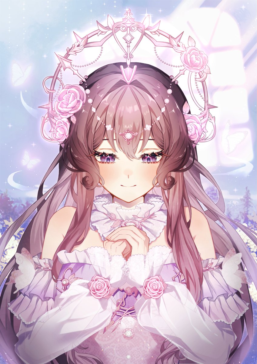 1girl, artist_self-insert, bare_shoulders, brown_hair, bug, butterfly, choker, circlet