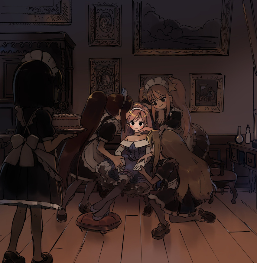 5girls, apron, black_dress, black_eyes, black_hair, blonde_hair, brown_hair, cake