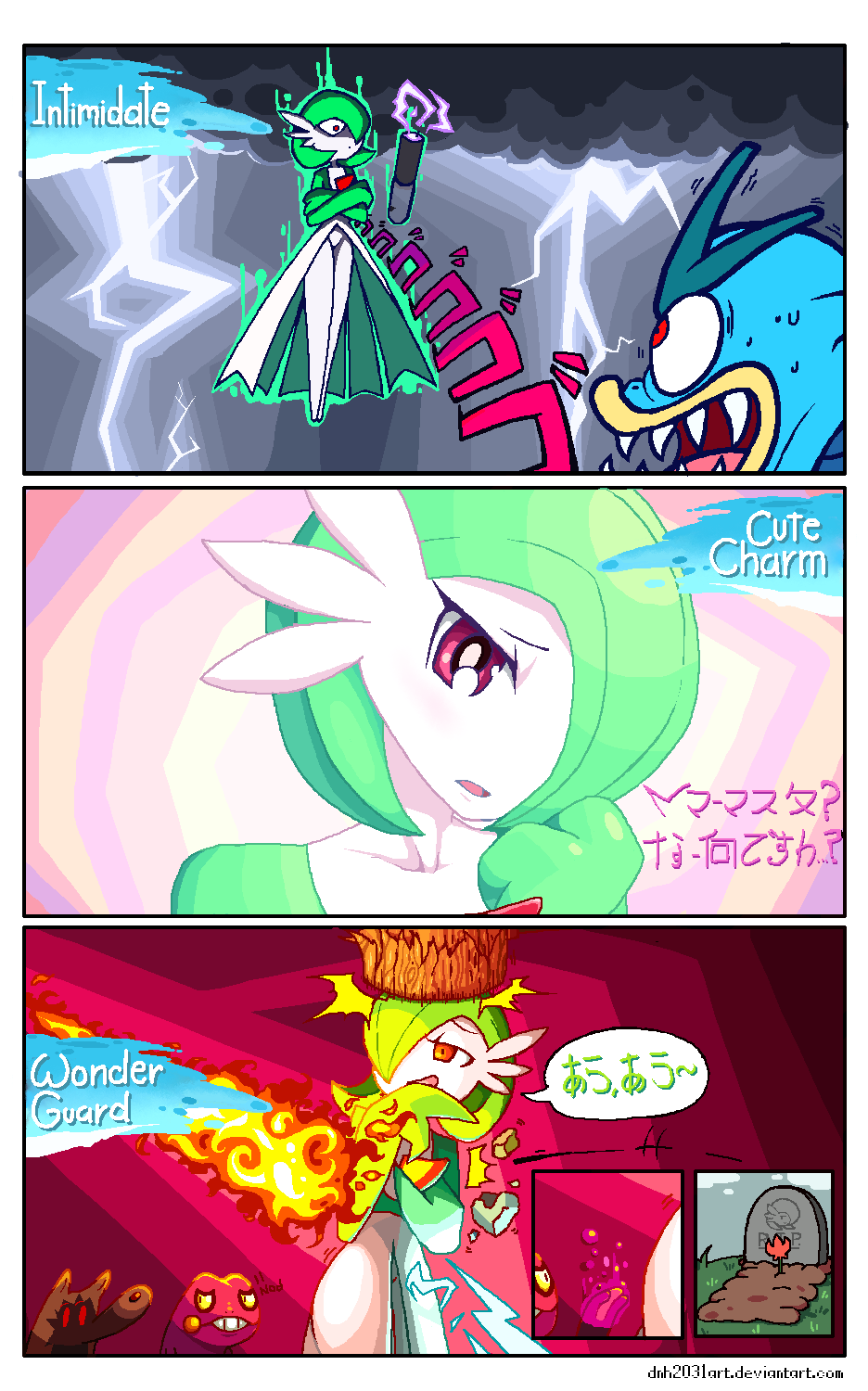 artist_name, blue_skin, bob_cut, colored_skin, croagunk, cute_charm_(pokemon), dress, fangs, fire, gardevoir, green_hair, green_skin, gyarados, hair_over_one_eye, highres, intimidate_(pokemon), multicolored_skin, pink_eyes, pokemon, pokemon_(creature), soundog-2031, tombstone, trace_(pokemon_ability), two-tone_skin, white_dress, white_skin, wonder_guard_(pokemon)