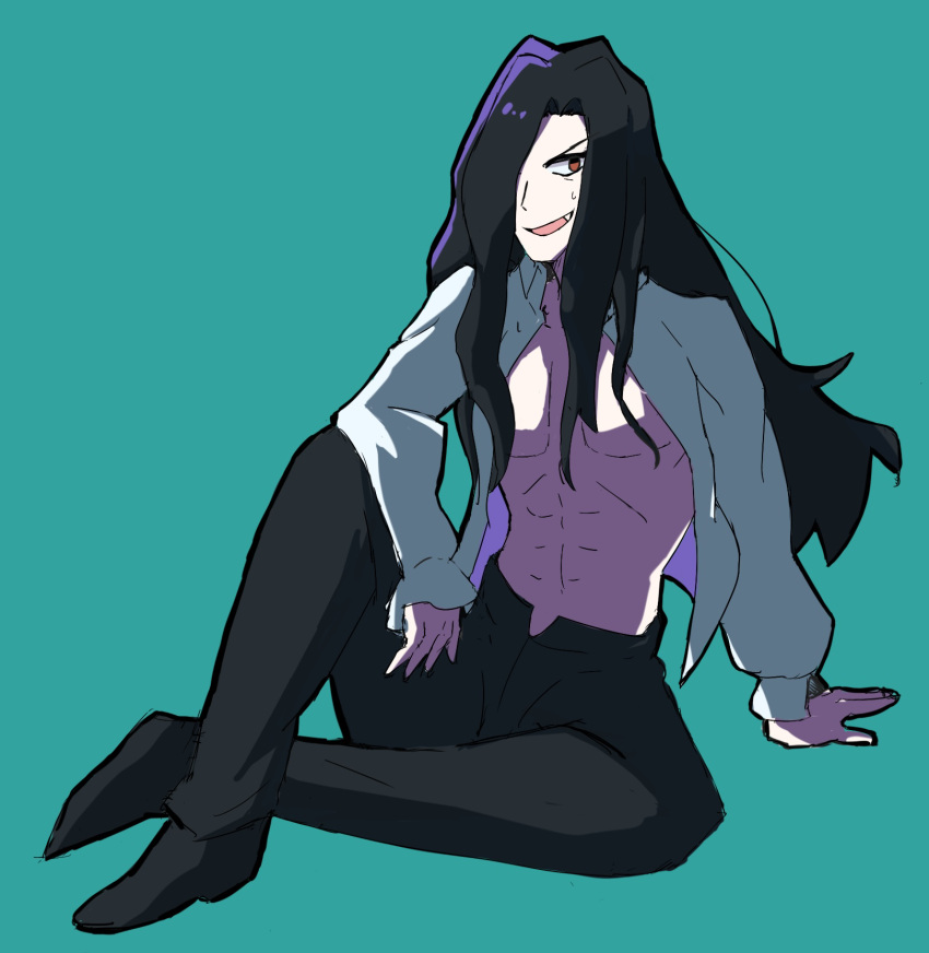 abs, black_footwear, black_hair, black_pants, collared_shirt, fang, hair_over_one_eye, highres