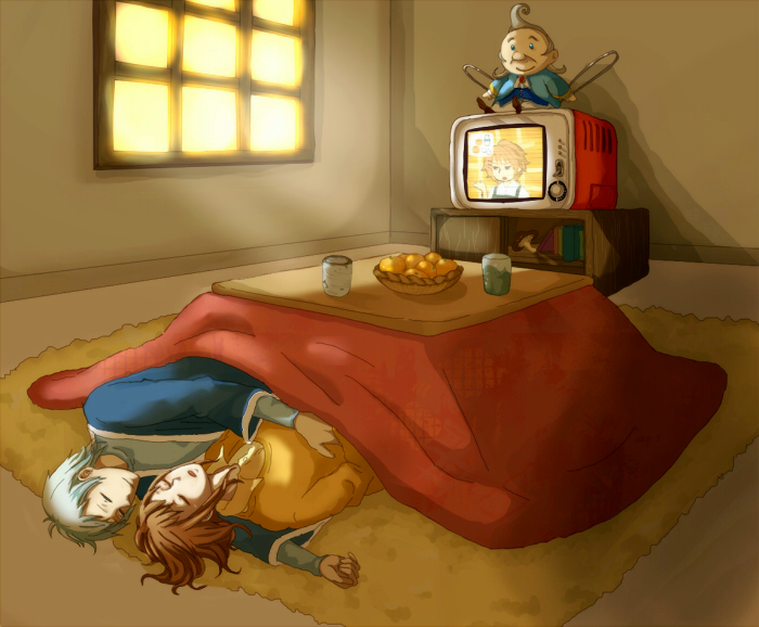 angela_(harvest_moon), brown_hair, chase_(harvest_moon), couple, food, fruit, hamilton_(harvest_moon), harvest_moon, harvest_moon_tree_of_tranquility, kotatsu, mayor_hamilton_(harvest_moon), mushroom, orange, silver_hair, sleeping, table, television, toby_(harvest_moon)
