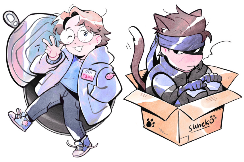 2boys, animal_ears, bandana, black_eyes, blush, box, brown_hair, canned_tuna, cardboard_box, cat_boy, cat_ears, cat_tail, chibi, chibi_only, chun_(moonlessgown), cigarette, full_body, glasses, gloves, hal_emmerich, hand_in_pocket, highres, in_box, in_container, kemonomimi_mode, male_focus, metal_gear_(series), metal_gear_solid, multiple_boys, one_eye_closed, round_eyewear, shoes, short_hair, simple_background, sitting, smoking, sneakers, solid_snake, sweatdrop, tail, untied_footwear, v, white_background