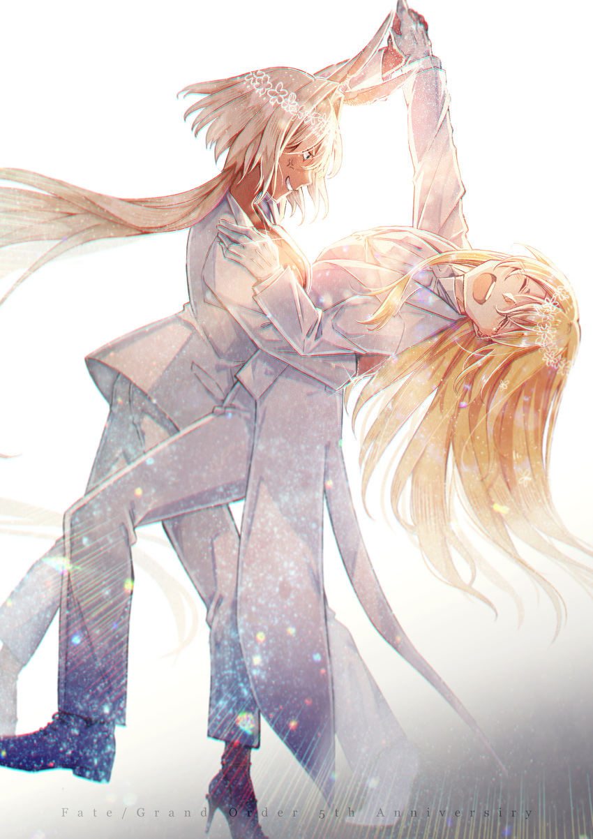 1boy, 1girl, alternate_costume, anger_vein, animal_ears, anniversary, arm_around_waist, arm_up