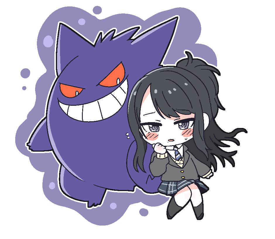 1girl, black_footwear, black_hair, black_socks, blue_necktie, blue_skirt, blush_stickers, chibi