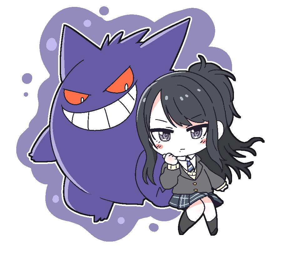 1girl, black_footwear, black_hair, black_socks, blue_necktie, blue_skirt, blush_stickers, chibi