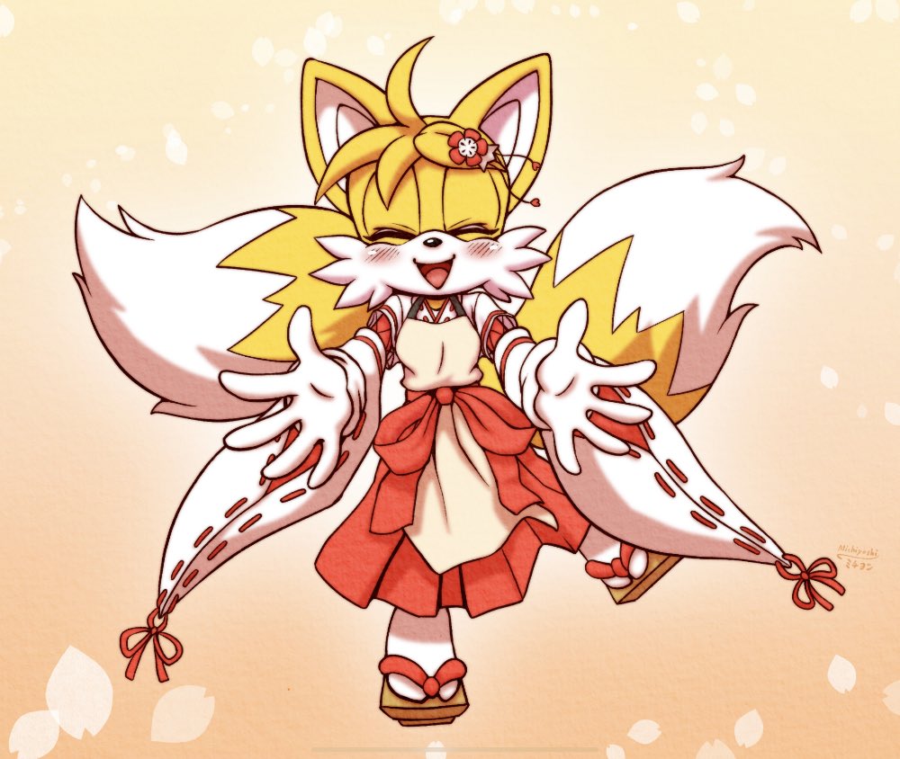 1boy, blush, commentary_request, cosplay, crossdressing, detached_sleeves, fox_boy, full_body, furry, furry_male, happy, japanese_clothes, male_focus, michiyoshi, miko, open_mouth, outstretched_arms, sandals, senko_(sewayaki_kitsune_no_senko-san), senko_(sewayaki_kitsune_no_senko-san)_(cosplay), sewayaki_kitsune_no_senko-san, socks, sonic_(series), tails_(sonic), wide_sleeves