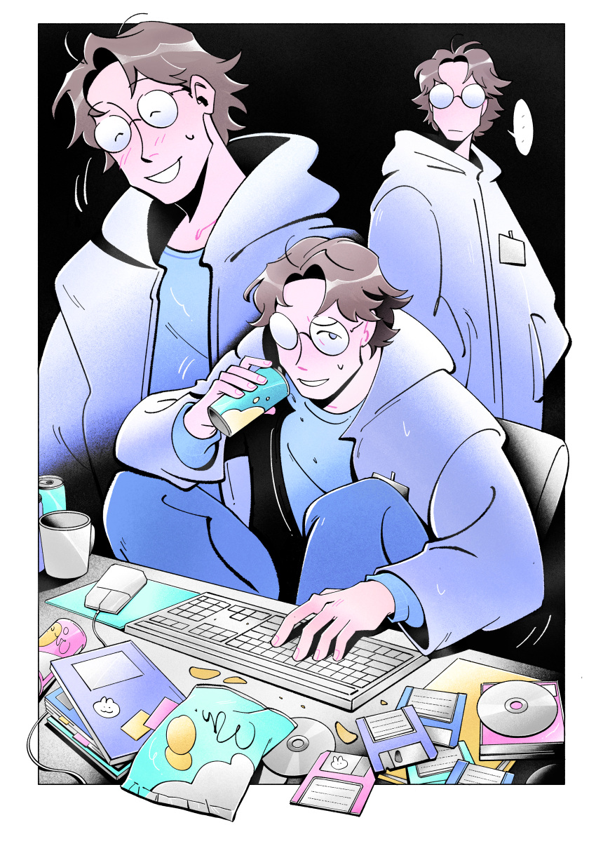 ..., 1boy, absurdres, black_background, blush, book, border, brown_hair, can, cd, chun_(moonlessgown), computer_keyboard, cup, fingernails, floppy_disk, glasses, grin, hal_emmerich, highres, holding, holding_can, knees_up, long_sleeves, male_focus, metal_gear_(series), metal_gear_solid, mousepad_(object), multiple_views, nervous, short_hair, sitting, smile, spoken_ellipsis, sweatdrop, white_border