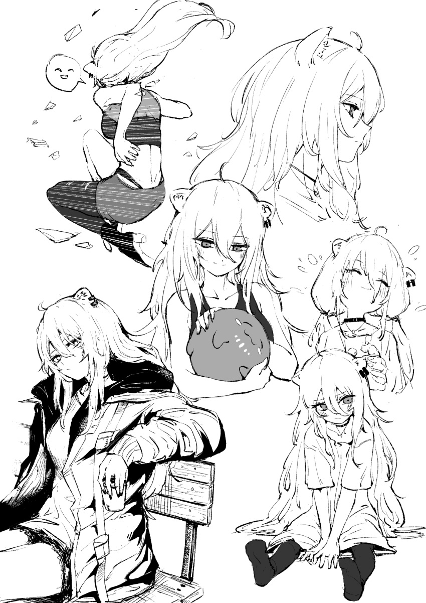 1girl, aged_down, animal_ear_piercing, animal_ears, coat, crop_top, double-parted_bangs, greyscale