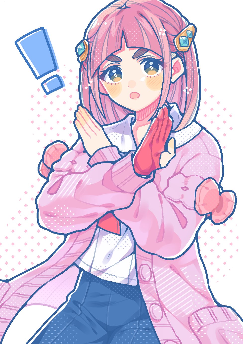!, 1girl, :o, arched_bangs, blue_pants, brown_eyes, cardigan, gloves