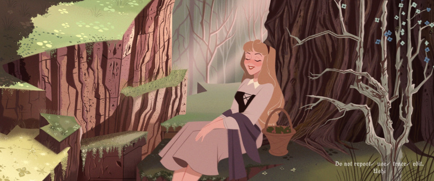 1girl, artist_name, aurora_(disney), basket, black_corset, black_hairband, blonde_hair, blue_flower
