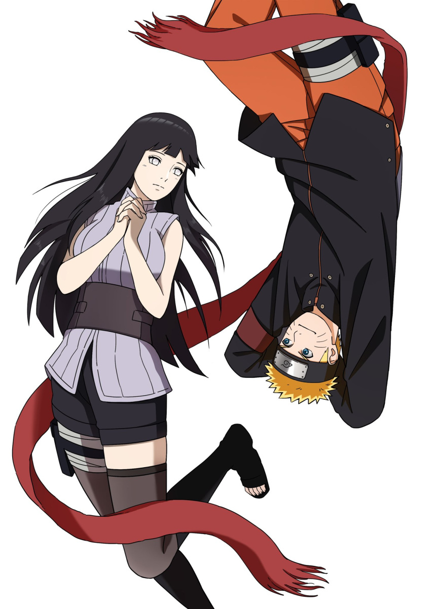 1boy, 1girl, arms_behind_head, black_hair, black_jacket, black_shorts, blonde_hair, blue_eyes