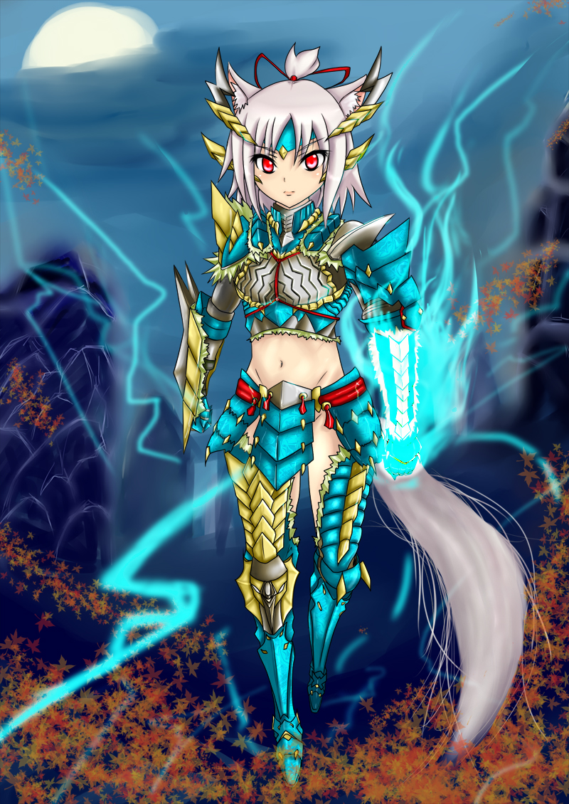 animal_ears, armor, inubashiri_momiji, jinouga_(armor), leaf, lightning, midriff, monster_hunter