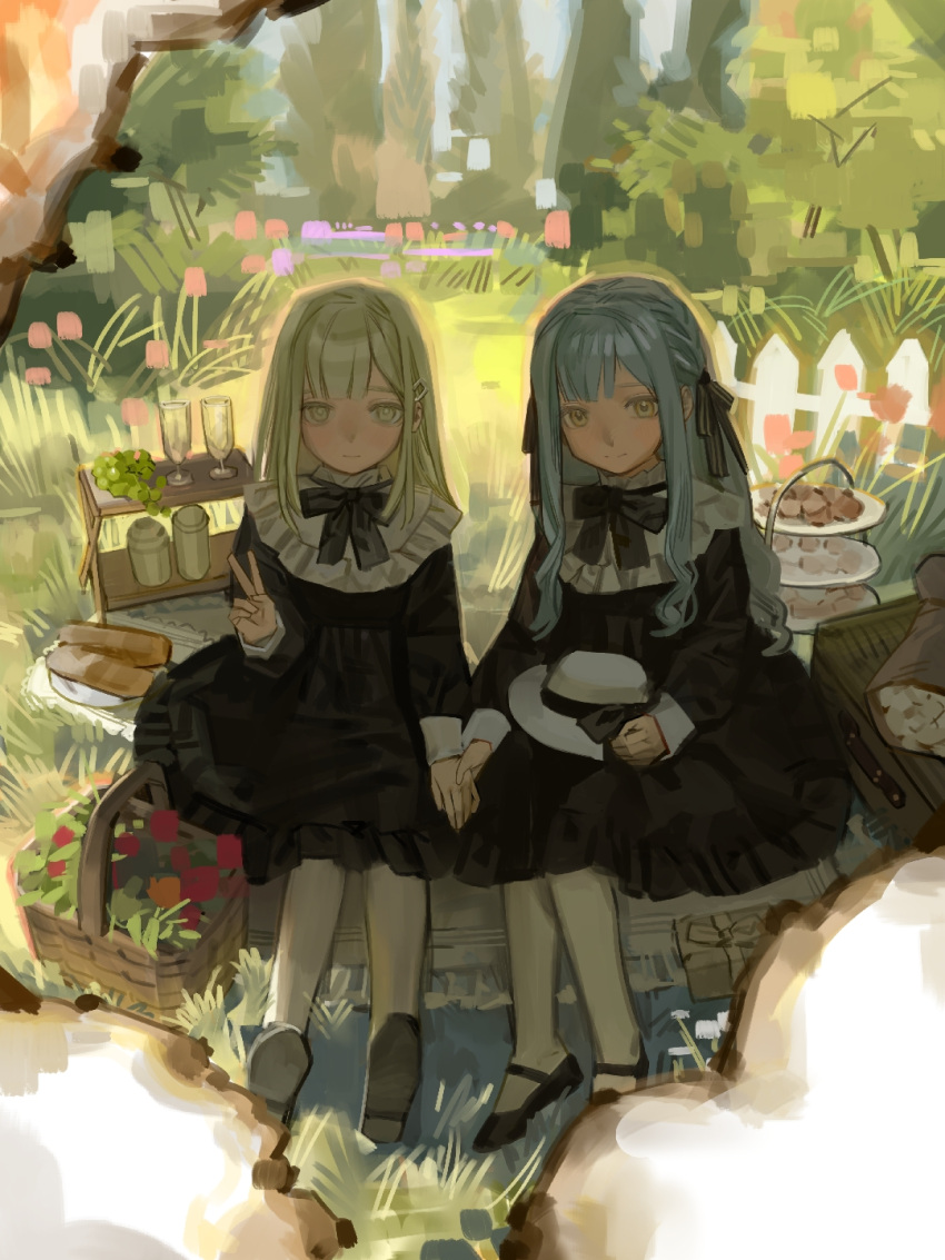 2girls, aged_down, bang_dream!, bang_dream!_it's_mygo!!!!!, black_dress, black_footwear, black_ribbon, blue_hair