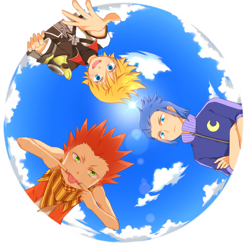 blonde_hair, blue_eyes, blue_hair, cloud, clouds, green_eyes, highres, isa_(kingdom_hearts)