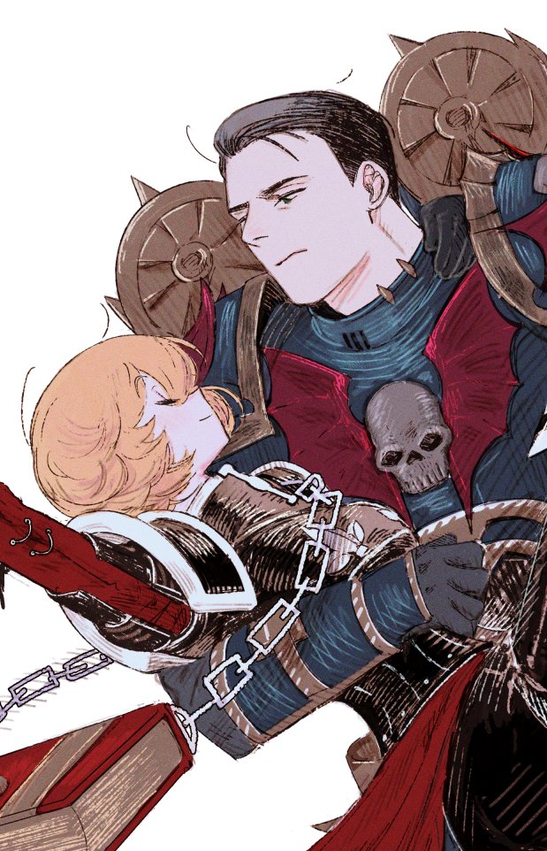 1boy, 1girl, adepta_sororitas, adeptus_astartes, alternate_costume, armor, black_hair, blonde_hair, book, book_strap, chain, chaos_space_marine, closed_eyes, commission, dip_(dance_move), don_quixote_(project_moon), frown, green_eyes, holding, jumppack, leaning_back, light_smile, limbus_company, looking_at_another, meursault_(project_moon), night_lords, project_moon, skull_ornament, warhammer_40k, wenli