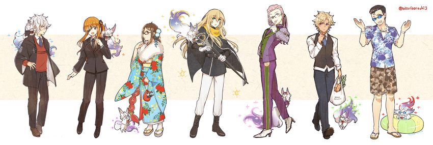 2girls, 5boys, :d, :o, akuta_hinako, alternate_hairstyle, animal_on_arm, animal_on_shoulder
