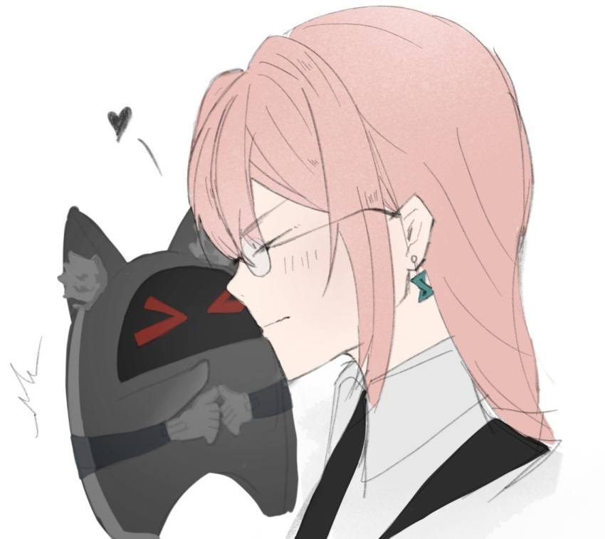 >_<, 1girl, animal_ear_fluff, blush, closed_eyes, dress_shirt, earrings, glasses