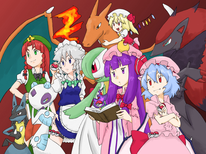 5girls, bat_wings, blonde_hair, blue_eyes, blue_hair, book, braid, charizard, crescent, fang, flandre_scarlet, froslass, gardevoir, green_eyes, hat, highres, holding, holding_book, holding_poke_ball, hong_meiling, izayoi_sakuya, long_hair, lucario, maid, maid_headdress, matatabeat, multiple_girls, open_book, parody, patchouli_knowledge, poke_ball, pokemon, pokemon_(creature), pokemon_(game), purple_eyes, purple_hair, red_eyes, red_hair, remilia_scarlet, short_hair, side_ponytail, silver_hair, style_parody, telekinesis, touhou, twin_braids, waist_poke_ball, wings, zoroark