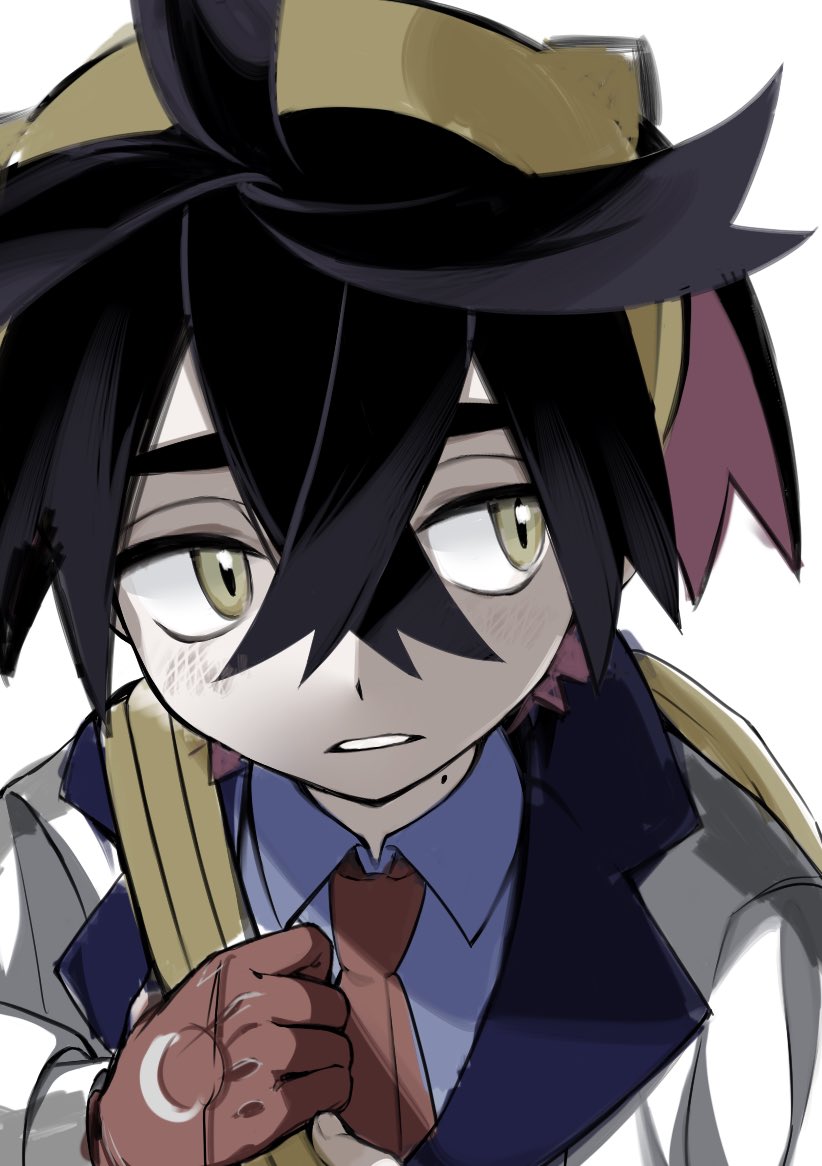1boy, black_hair, blue_shirt, collared_shirt, crossed_bangs, gloves, hair_between_eyes, hairband