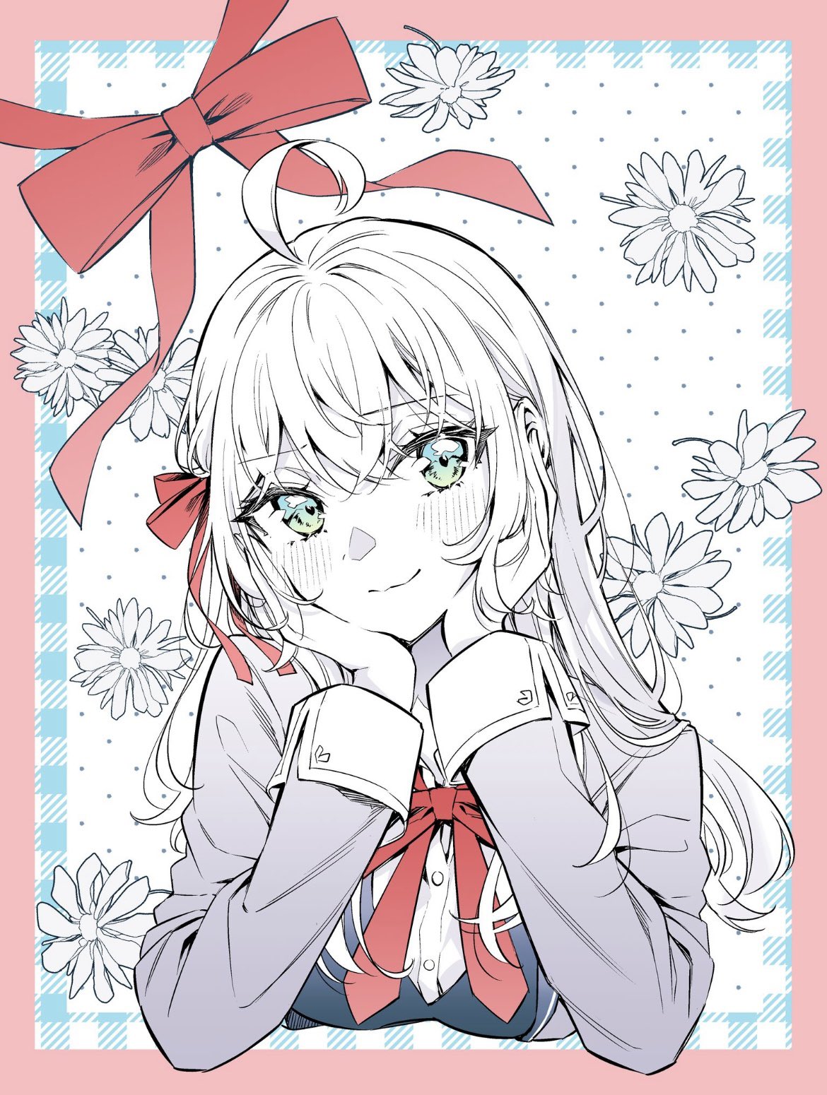 1girl, ahoge, alisa_mikhailovna_kujou, blazer, blue_eyes, blush, border, bow