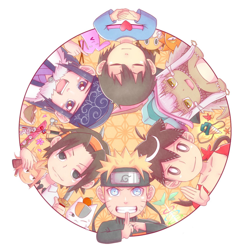 1girl, 2others, 3boys, amidamaru, asakura_yoh, asirpa, blonde_hair, blue_eyes, blue_shirt, bobobo-bo_bo-bobo, border, closed_eyes, commentary_request, crossover, don_patch, drill, eureka_seven, eureka_seven_(series), frisk_(undertale), futatsu_no_spica, golden_kamuy, grin, headband, highres, katanagatari, keyblade, kingdom_hearts, leaf, lion_(futatsu_no_spica), made_in_abyss, maple_leaf, marumer0_k, multiple_boys, multiple_others, nanachi_(made_in_abyss), naruto_(series), natsume_yuujinchou, nyanko-sensei, open_mouth, round_border, shaman_king, shirt, short_hair, smile, spiky_hair, sword, tengen_toppa_gurren_lagann, undertale, uzumaki_naruto, weapon, white_border, yasuri_shichika, yellow_eyes