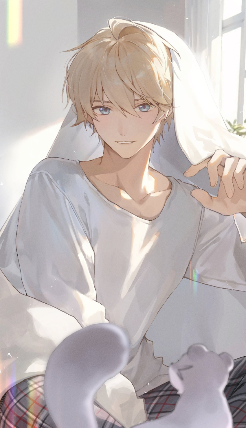 1boy, absurdres, blanket_veil, blonde_hair, blue_eyes, blurry, collarbone, curtains