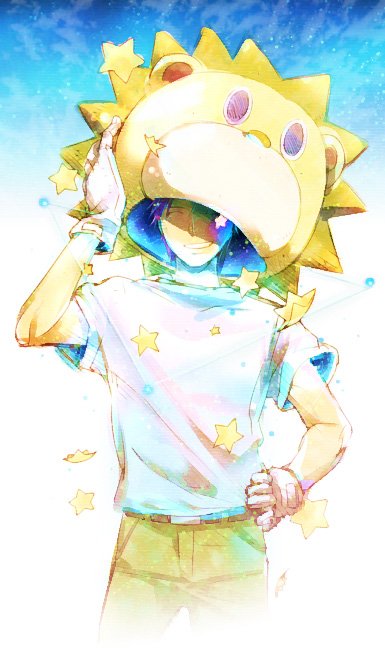 1boy, brown_pants, closed_eyes, commentary_request, facing_viewer, futatsu_no_spica, gloves, gradient_background