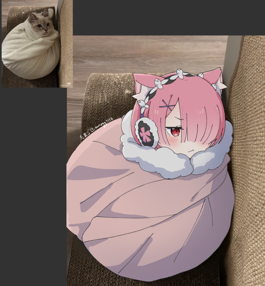 1girl, animal_ear_fluff, animal_ears, artist_name, blanket, blush, cat, cat_ears