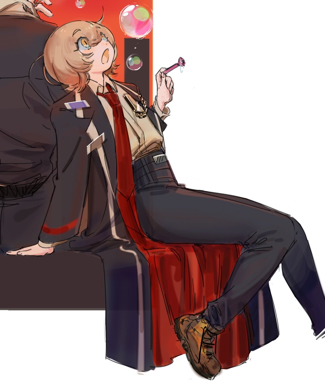1girl, 1other, black_coat, black_pants, blonde_hair, blowing_bubbles, bob_cut, boots