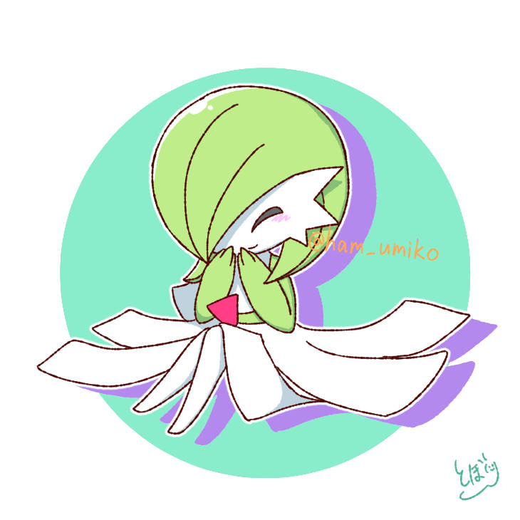 bob_cut, closed_eyes, colored_skin, dress, gardevoir, green_hair, green_skin, hair_over_one_eye