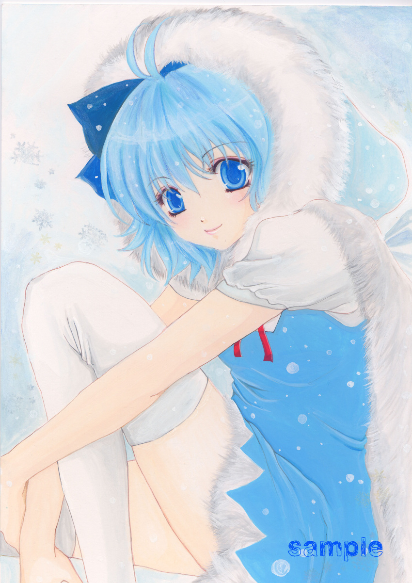 absurdres, acrylic_paint_(medium), adapted_costume, ahoge, blue_eyes, blue_hair, bow, cirno, colored_pencil_(medium), dress, fur_trim, hair_bow, highres, leg_hug, lips, looking_at_viewer, marituin, parka, short_hair, sitting, smile, solo, thigh-highs, thighhighs, touhou, traditional_media, white_legwear, white_thighhighs, zettai_ryouiki