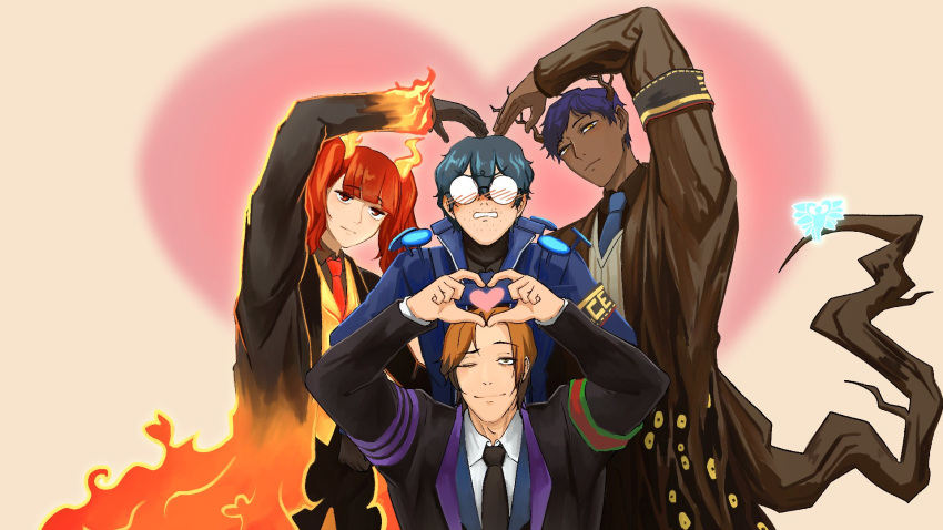 1girl, 3boys, 4-finger_heart_hands, aedd_(e.g.o), alyssa_(limbus_company), arachnidlegs, ardor_blossom_star_(e.g.o), armband