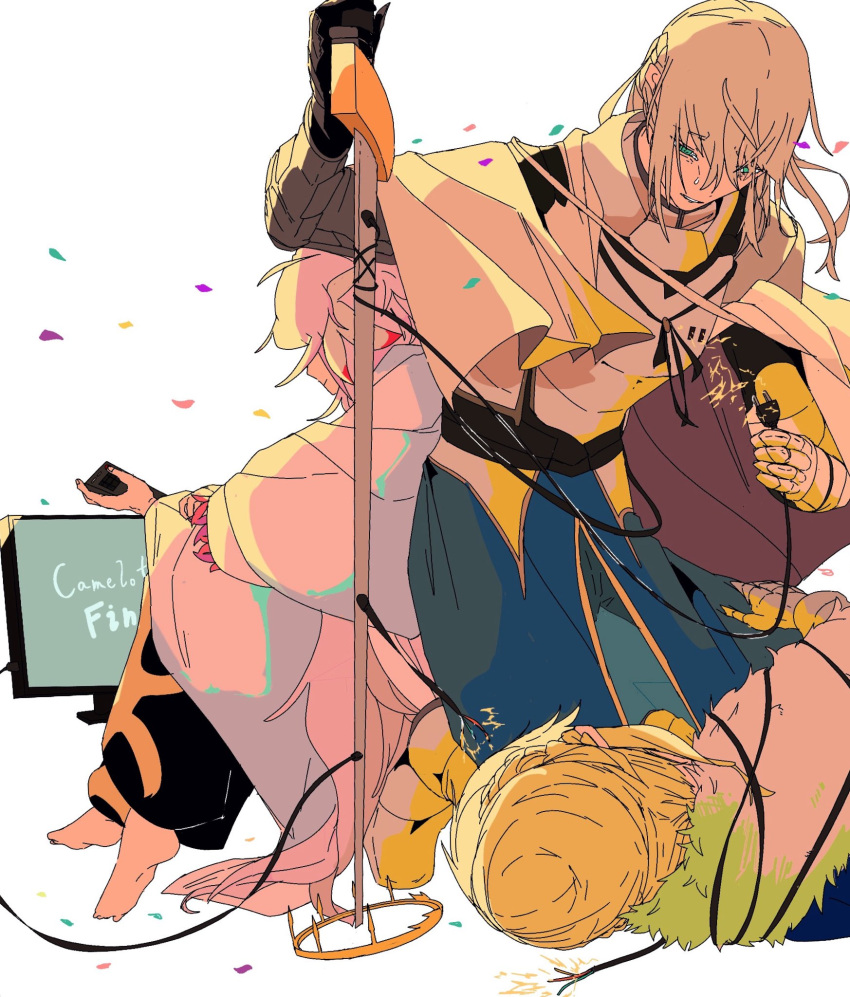 1girl, 2boys, airgetlam_(fate), armor, artoria_pendragon_(fate), back-to-back, barefoot, bedivere_(fate)