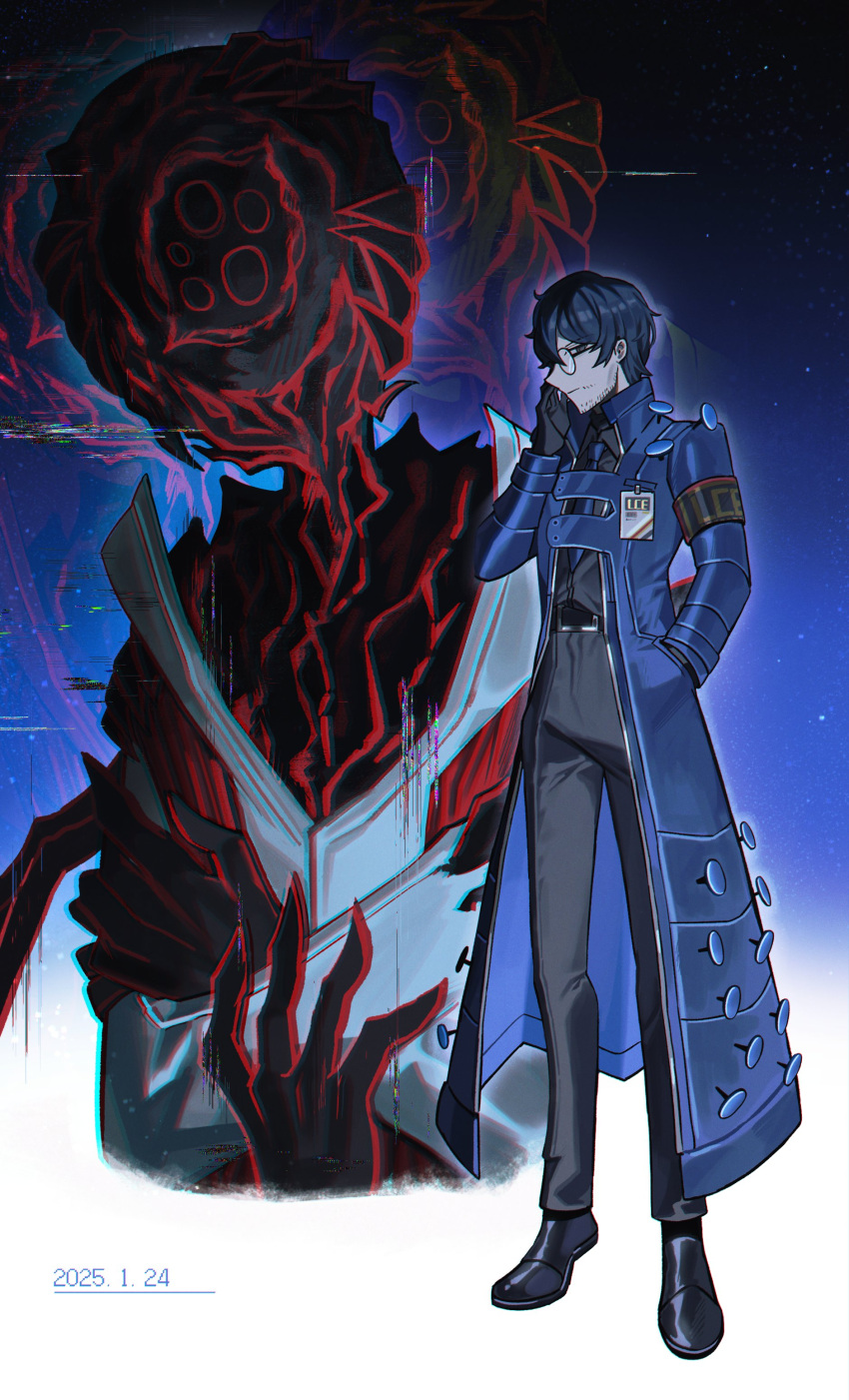 1boy, absurdres, aedd_(e.g.o), armband, asdf1211950, black_gloves, black_hair, black_pants