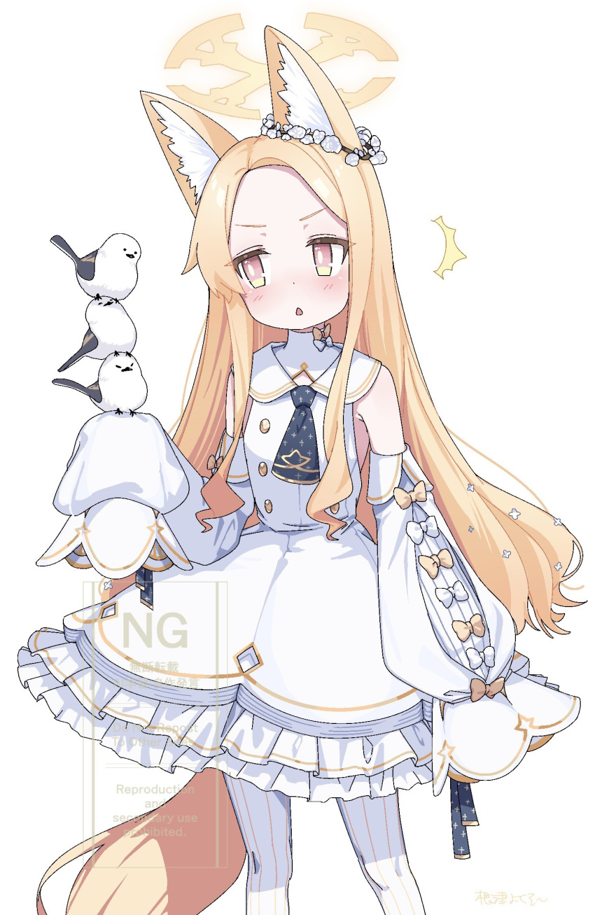 1girl, ^^^, animal_ear_fluff, animal_ears, bird, bird_on_hand, blonde_hair, blue_archive