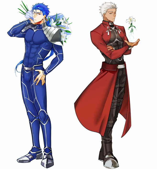 2boys, archer_(fate), black_bodysuit, blue_bodysuit, bodysuit, closed_mouth, commentary, covered_pectorals
