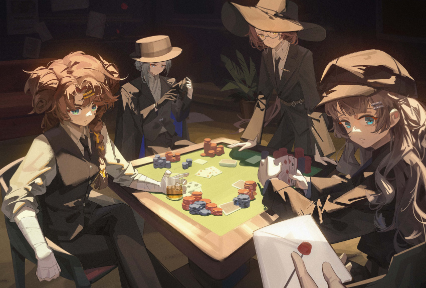 1other, 4girls, absurdres, alternate_costume, bandaged_arm, bandages, black_coat, black_gloves