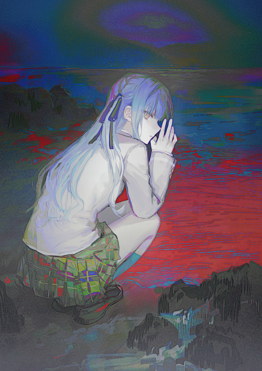 1girl, abstract, absurdres, bang_dream!, bang_dream!_it's_mygo!!!!!, beach, black_ribbon, blazer